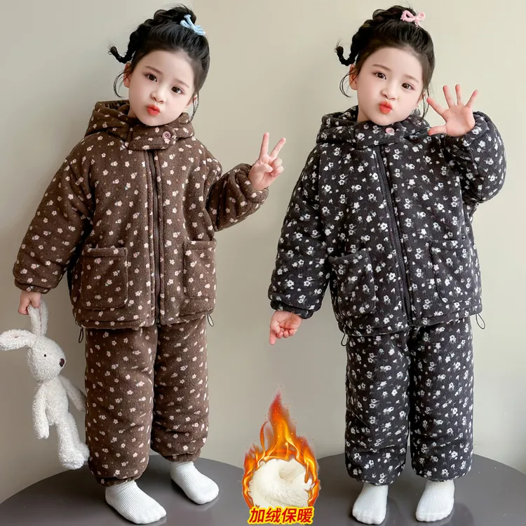 女童睡衣三层夹棉2025新款秋冬季珊瑚绒小女孩家居服套装加绒加厚