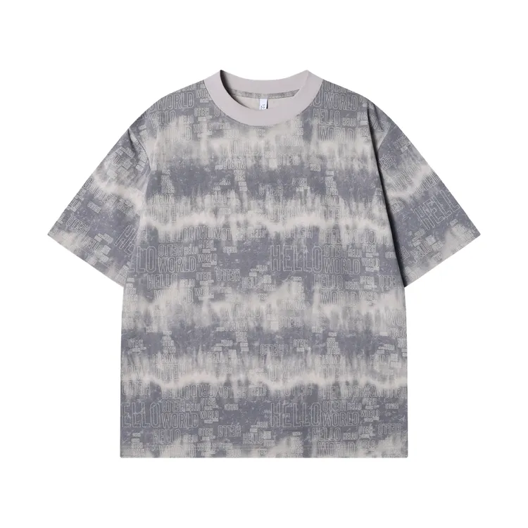 夏季高级感新款韩版渐变满印字母圆领短袖宽松情侣休闲套头上衣 