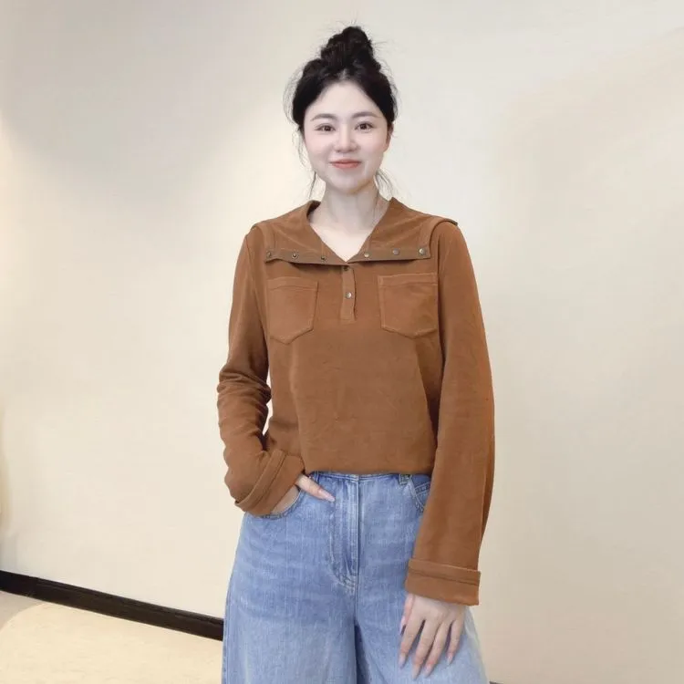 阿玛施秋季新款休闲按扣V领胸前小口袋连帽长袖T恤卫衣530086