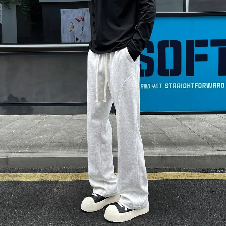 浅灰色斜切弯刀卫裤男宽松直筒美式运动裤子秋季显腿长微喇休闲裤