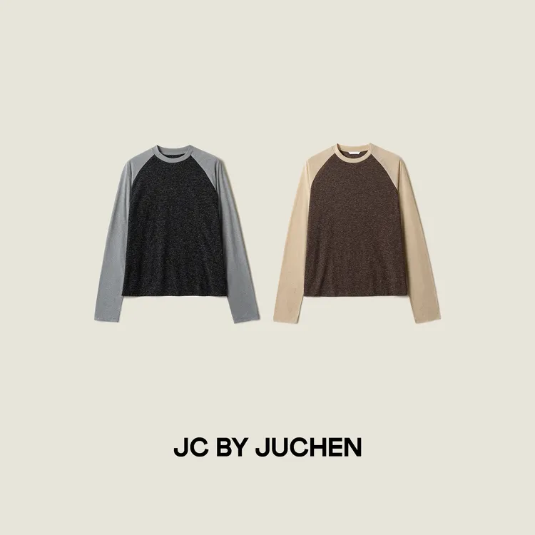 时髦精轻盈水洗雪花亚麻衫复古撞色插肩袖百搭长袖T恤 FW085073