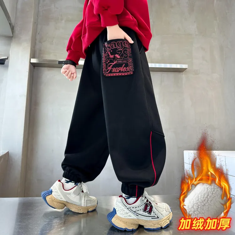 男童加绒裤子2025新款秋冬款冬季运动一体绒男孩大儿童加厚卫裤潮
