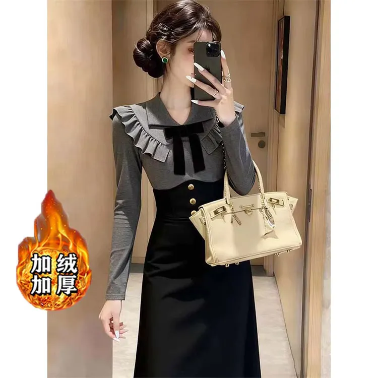 【加绒加厚】法式复古小众设计感高腰显瘦连衣裙秋冬D4433