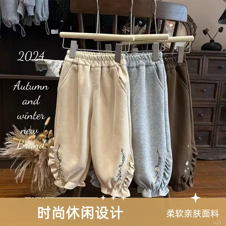 女童秋冬加绒裤子一体绒外穿女宝宝冬季加厚运动束脚冬款绣花卫裤