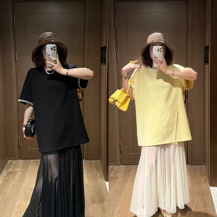 YDFSTUDIO小众【冰凌一夏】欧货高品袖口拼接装饰上衣+半身裙套装