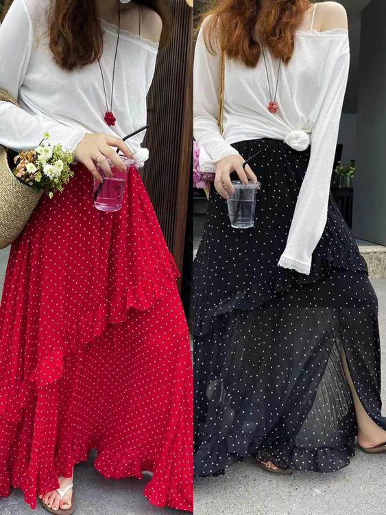 【绝美荷叶边】波点大摆开叉显瘦垂感半身裙