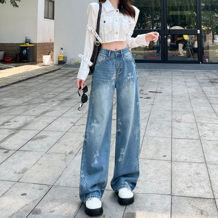 重工复古刺绣窄版牛仔长裤女秋季新款垂感宽松显瘦休闲拖地阔腿裤