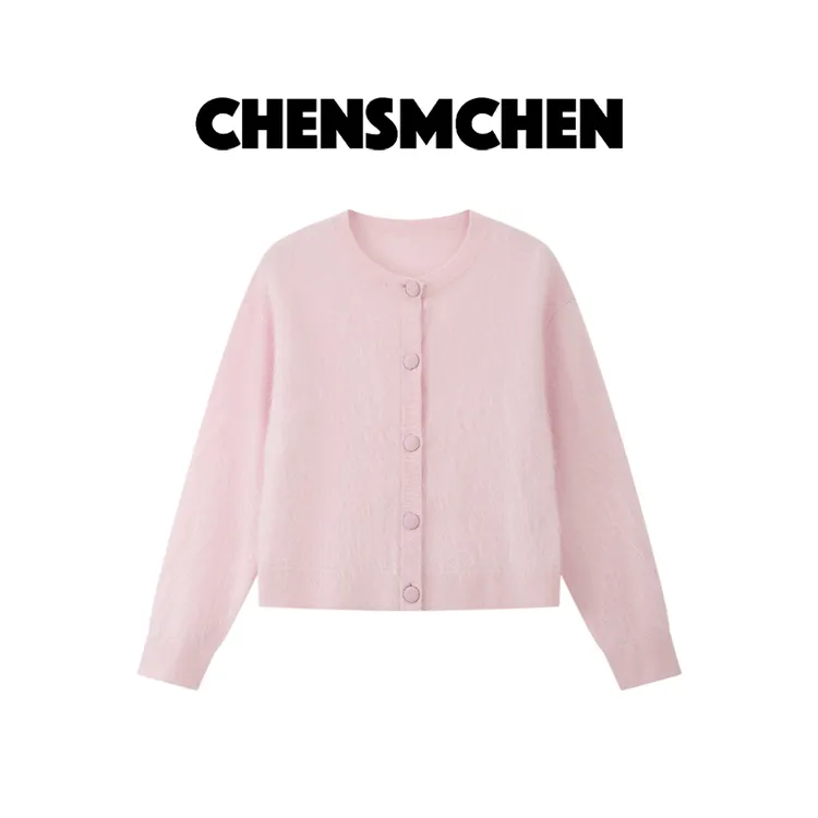 CHENSMCHEN100山羊绒纯色圆领针织衫女时尚休闲显瘦开衫CSR7621YW