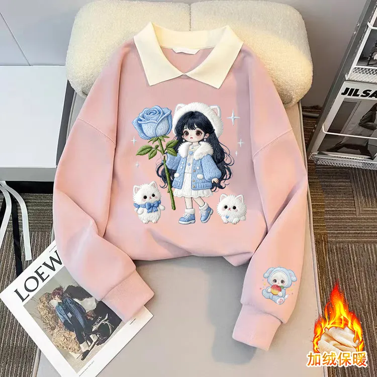 女童翻领卫衣秋冬2025新款洋气时尚童装潮流女童加绒衣服印花上衣