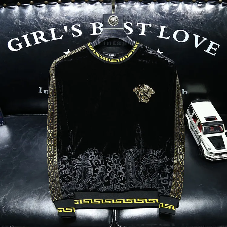 NIPEHUEIN/尼皮怀恩潮牌套头卫衣男修身圆领绣底衫秋冬款黑色