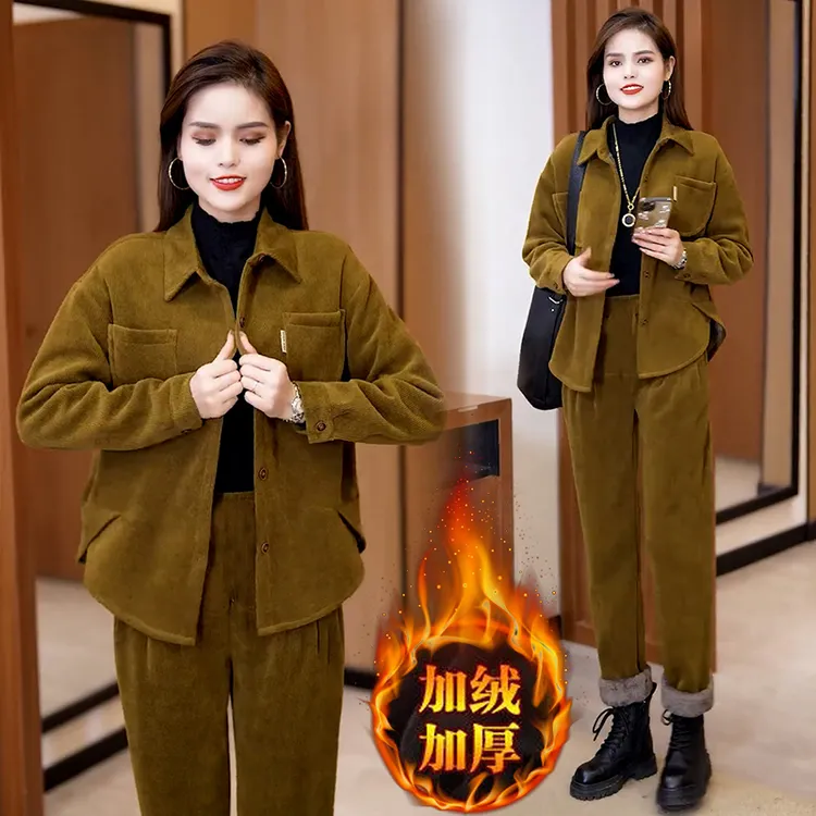加绒加厚时尚休闲套装女2025冬季设计感复古单排扣外套长裤两件套