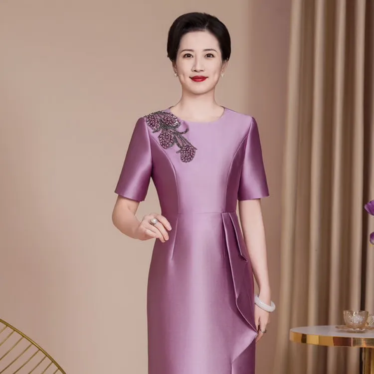 8074-紫色高端手工礼服立领旗袍婚礼宴会高端气质旗袍