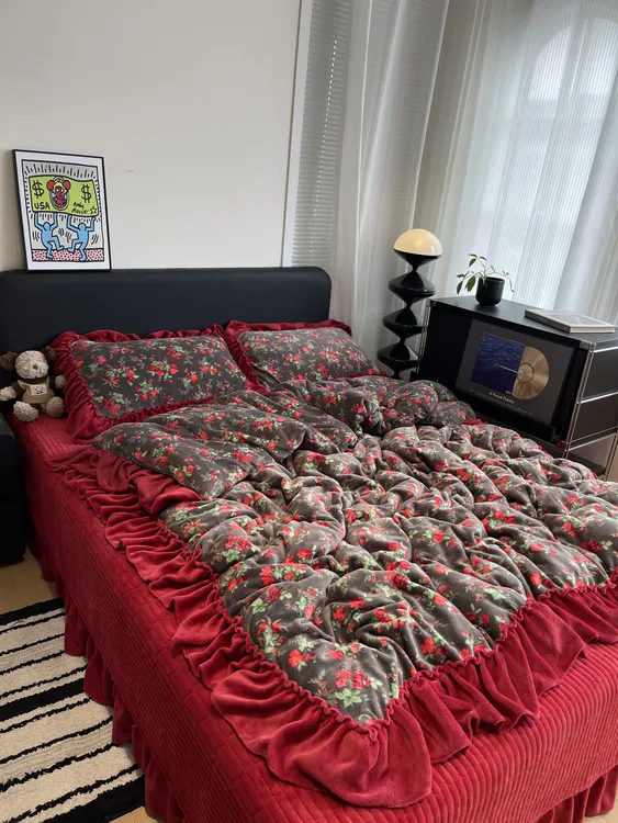 ~定制~超大花边夹棉床盖冬季保暖加绒四件套牛奶绒双面绒床上用品