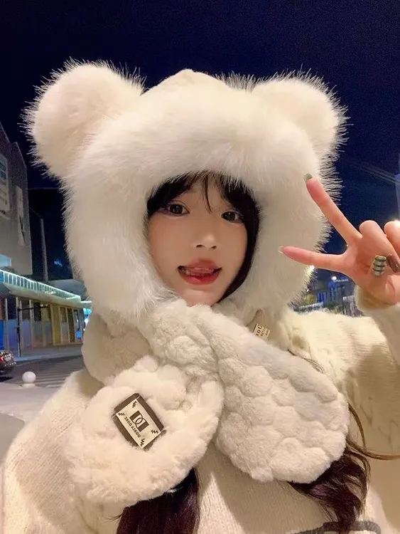小熊毛绒帽子围巾一体女秋冬季韩版显脸小护耳加厚北方骑车雷锋帽