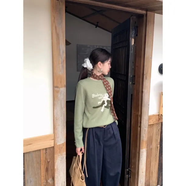 【赵小小&小猫咔咔】5089 韩系复古圆领设计感针织毛衣慵懒宽松上衣
