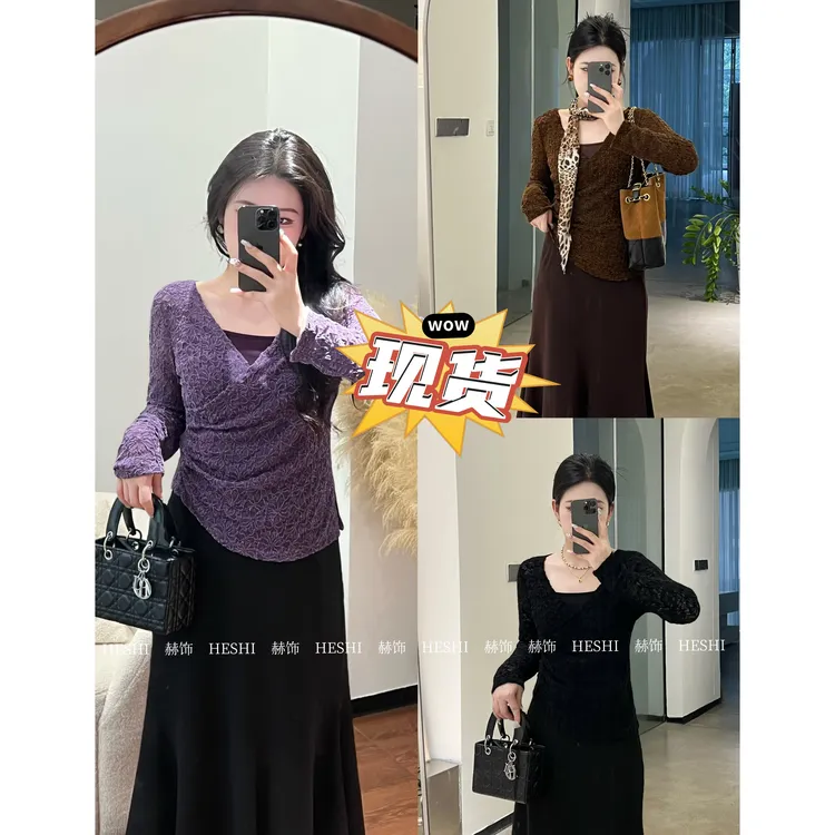 今晚发【嘎嘎】胖M新款2025秋季大码遮肉显瘦气质上衣两件套08063D