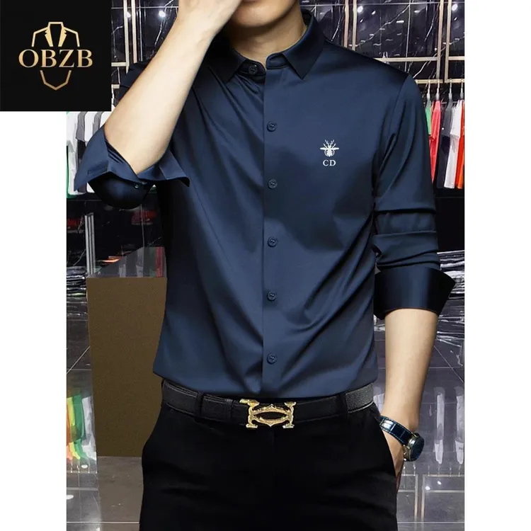 欧货免烫抗皱弹力打底长袖衬衫男款秋季丝光棉高级感修身潮流衬衣