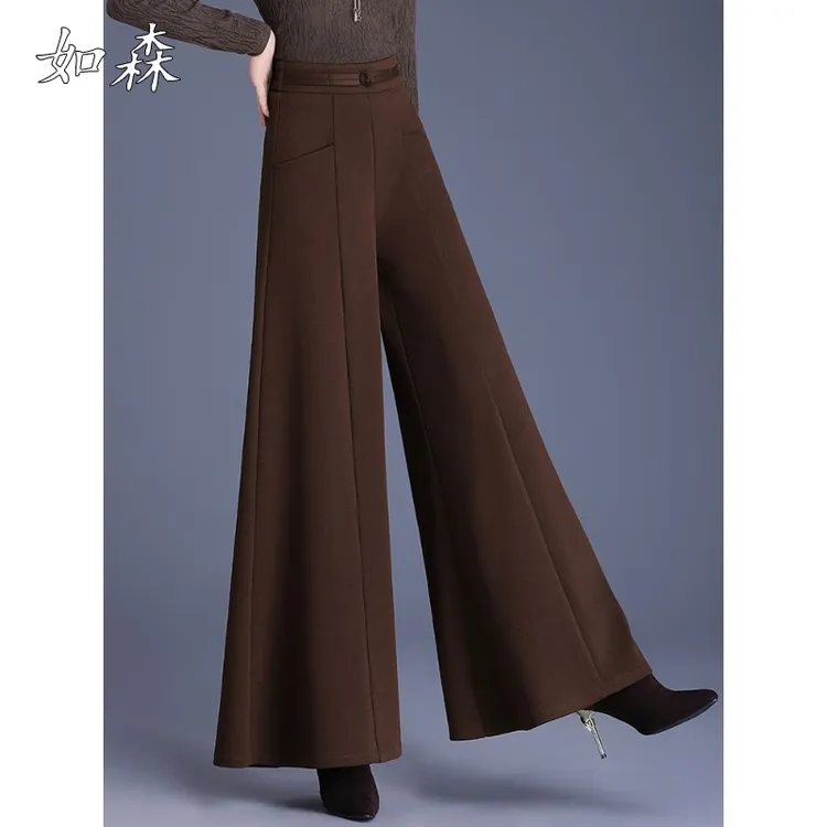 秋冬压花毛呢加厚高腰阔腿裤长裤女新款垂感宽松显瘦休闲裤裙裤