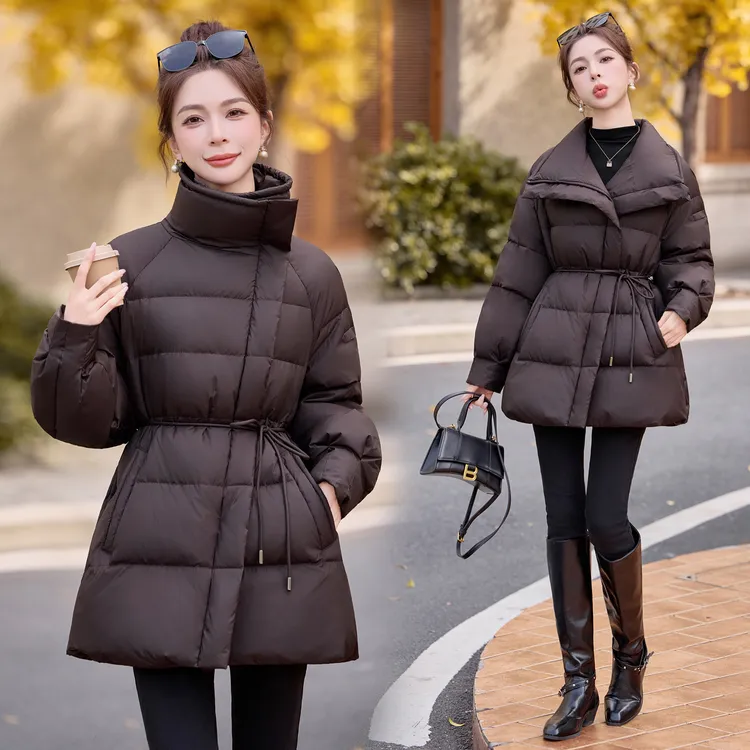 羽绒服女修身冬季收腰衣服女装新款加厚中长款白鸭绒羽绒衣外套