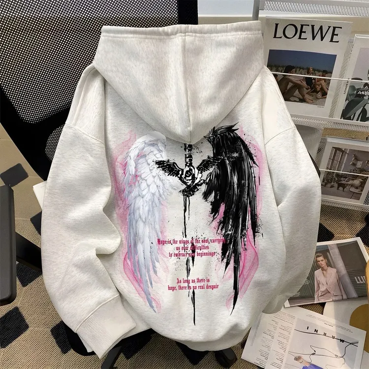 重磅oversize潮流翅膀印花连帽卫衣男女国潮高街宽松痞帅帽衫外套