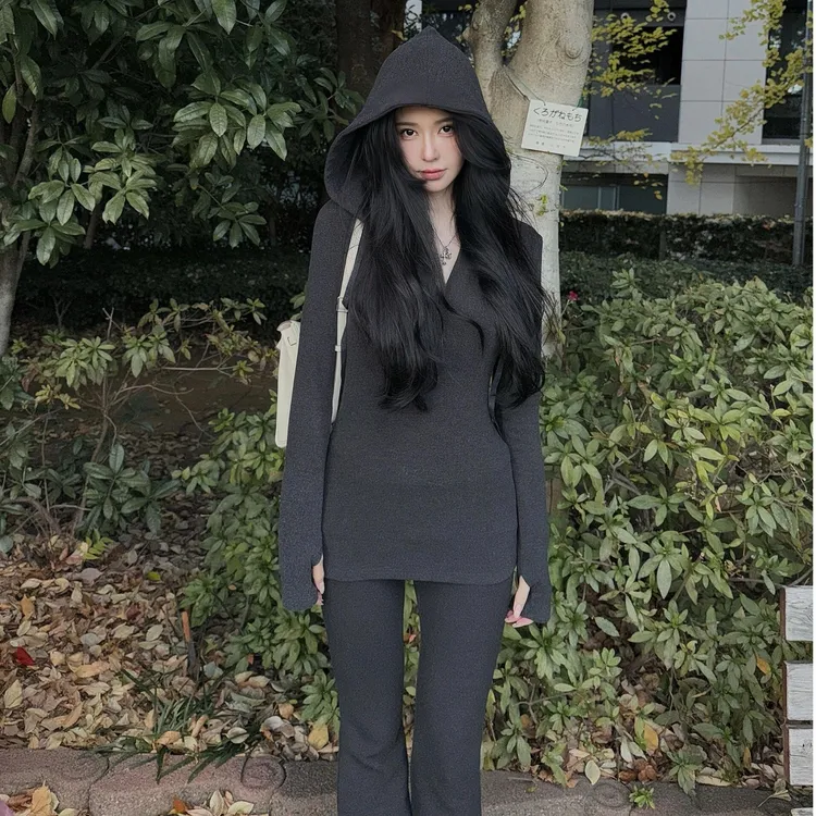 MARIE.COCO法式气质灰色修身显瘦连帽上衣高腰休闲微喇叭裤套装