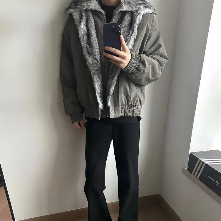 YKEE极地狼王美式假两件狼毛座山雕外套男款冬季保暖短款棉服夹克