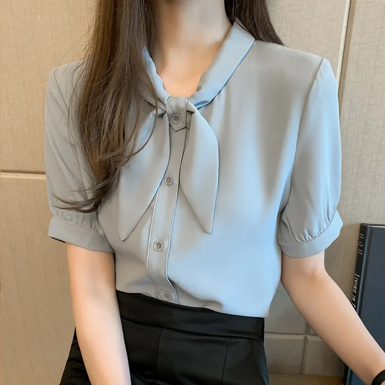 气质高档短袖雪纺衬衫女夏装2025新款法式蝴蝶结职业衬衣洋气上衣