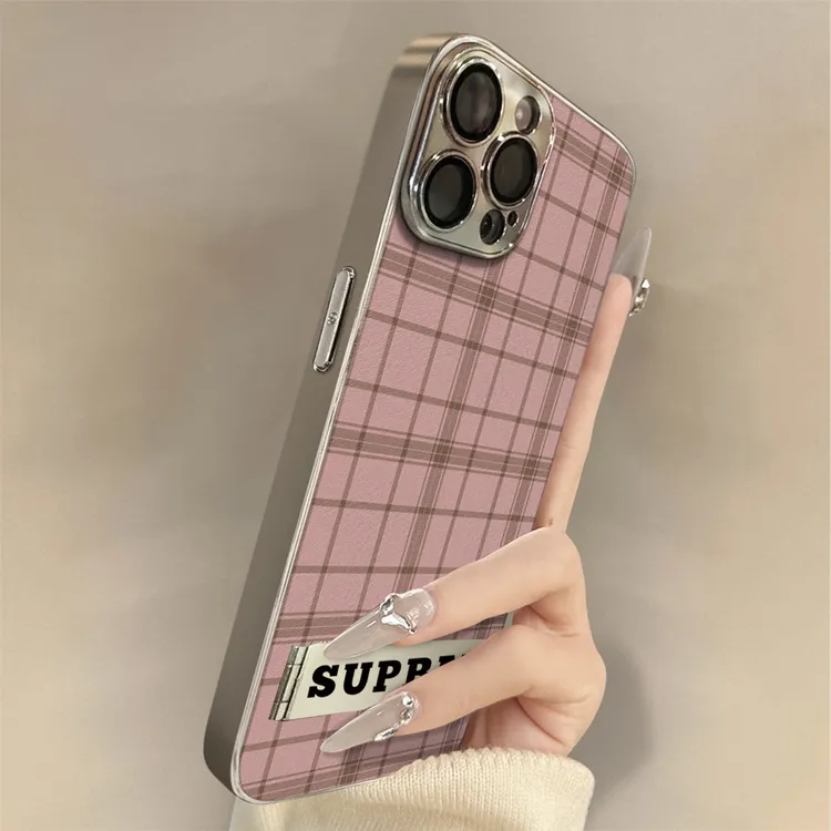 粉色格子适用苹果16Promax手机壳iPhone华为oppo小米vivo贴皮套