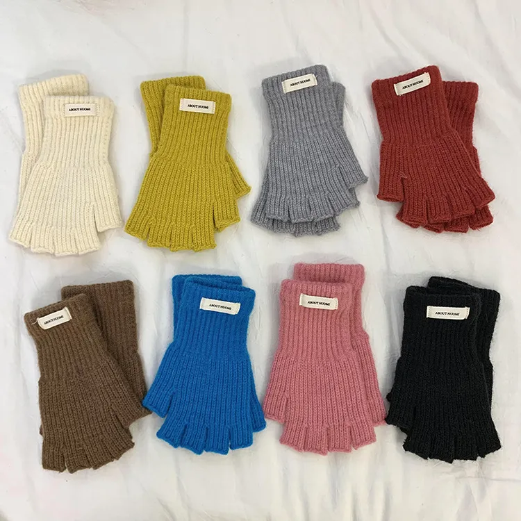 半指手套冬季保暖新款韩版纯色学生写字开车骑行手套针织毛线手套