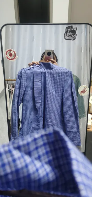 设计感蓝色小众立领系带格纹衬衫宽松休闲百搭长袖上衣