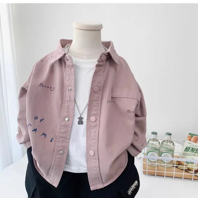 男童秋装衬衫外套2025儿童洋气字母上衣酷帅小男孩宽松棉布衬衣潮