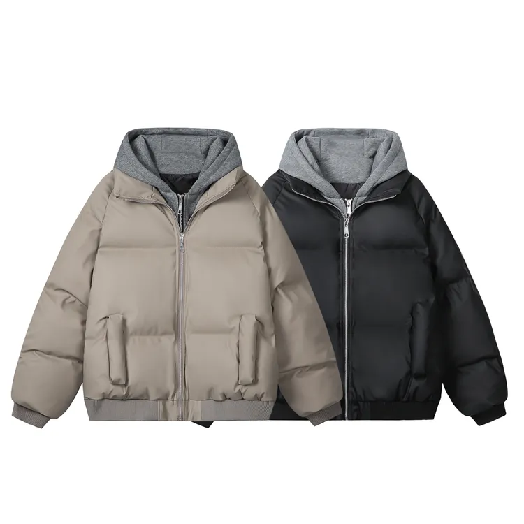 假两件螺纹下摆保暖连帽PU皮棉衣棉服潮流立领时尚宽松男女