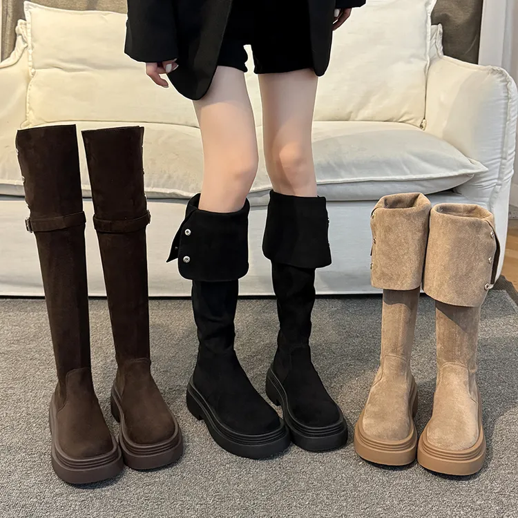 两穿翻折厚底长筒靴子女2025年秋冬季新款粗跟过膝显瘦增高骑士靴