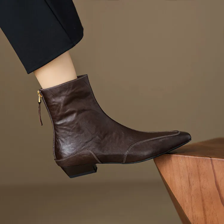 牛皮版~时尚洋气●3cm方头短靴女秋冬季低跟复古真皮女靴子瘦瘦靴