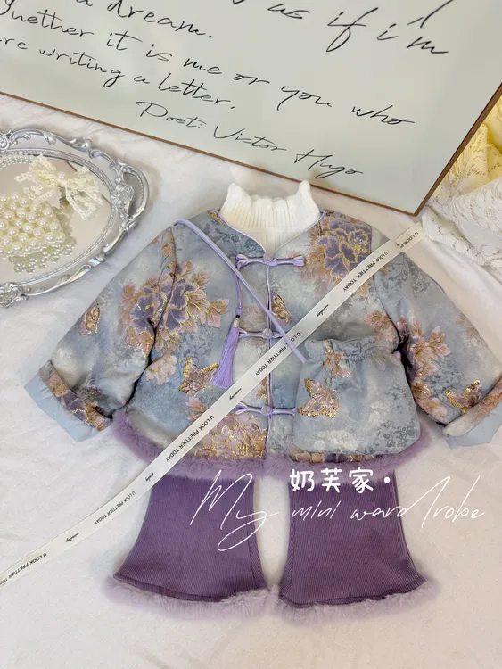 女童冬季加绒外套2025新款中国风唐装宝宝冬装加绒加厚衣服套装
