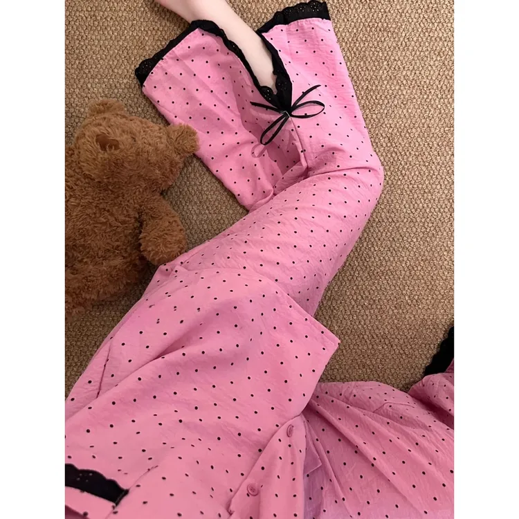 【粉色波点】甜美蕾丝开叉云朵棉短袖睡衣女夏季新款套装外穿家居服