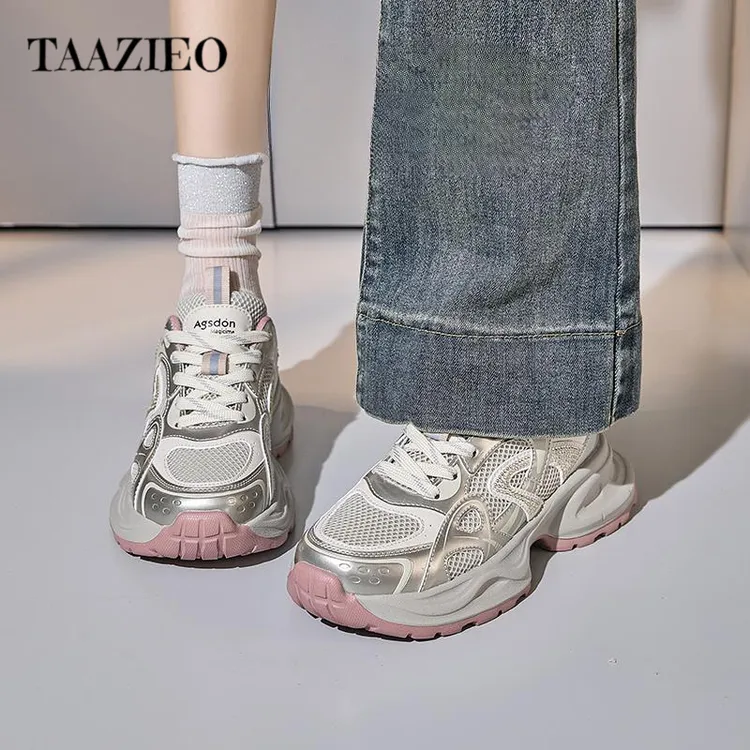 TAAZIEO银粉色厚底老爹鞋女鞋子2025新款爆夏季薄网面透气运动鞋