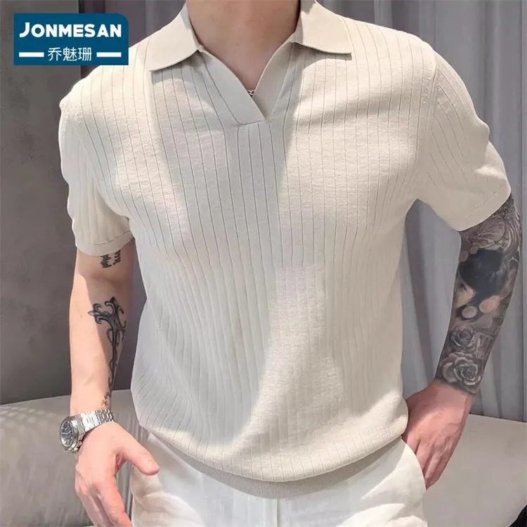 高端男士老钱风海鸥V领polo衫2025夏季薄款冰丝针织翻领短袖T恤