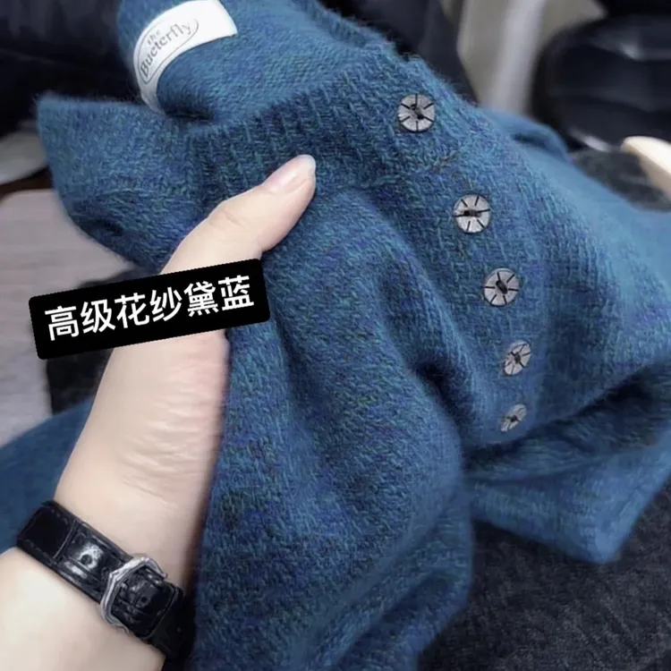 超美高级感花纱黛蓝圆领开衫针织衫韩系剪刀领宽松软糯外套秋冬厚