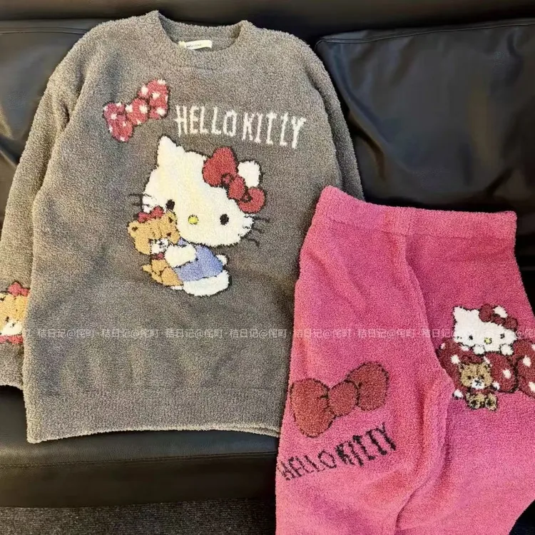 侘町2025新款黑灰蝴蝶结Kitty半边绒睡衣保暖加绒加厚冬季家居服