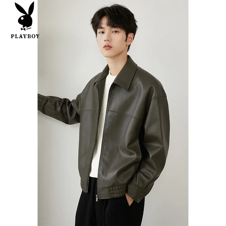 花花公子翻领pu软皮夹克外套男士2025春秋季加厚痞帅皮衣休闲上衣
