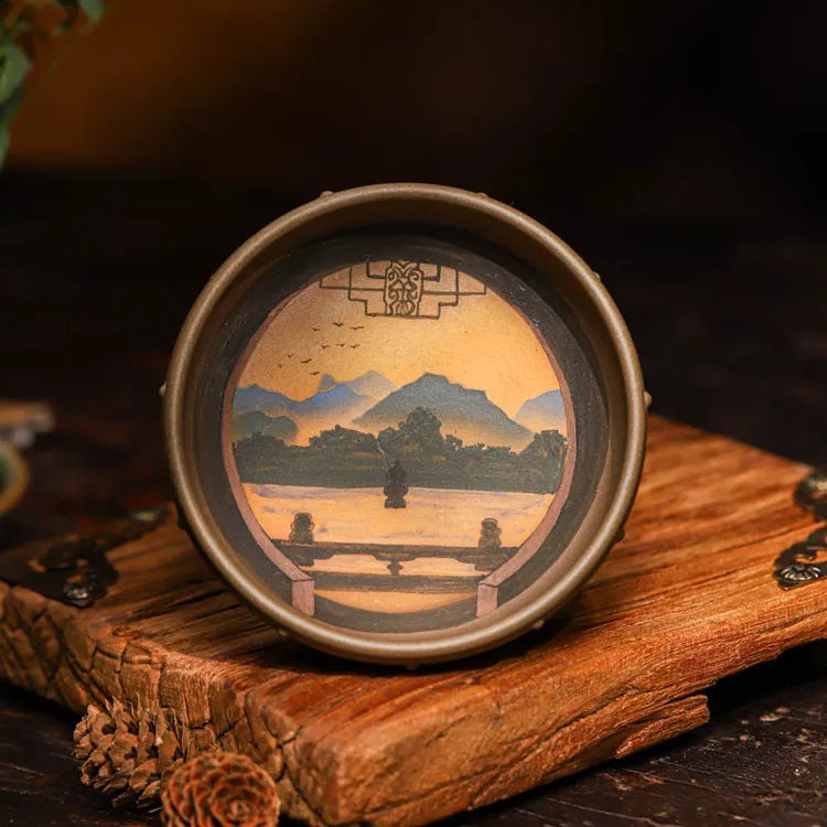 丨九斋西湖三潭映月 双面泥绘满工  大开口普洱杯