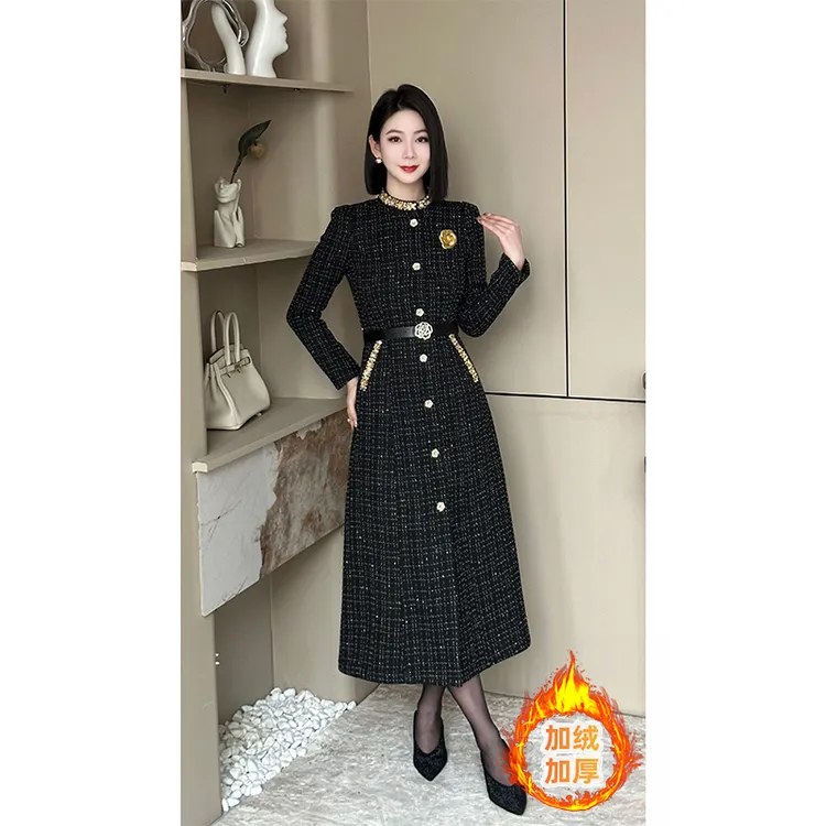 格娜冬季新款重工小香风连衣裙提花静奢风显瘦修身A字裙风衣裙