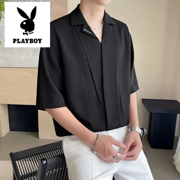 花花公子英伦雅痞男装古巴领短袖衬衫痞帅高级感冰丝五分袖衬衣