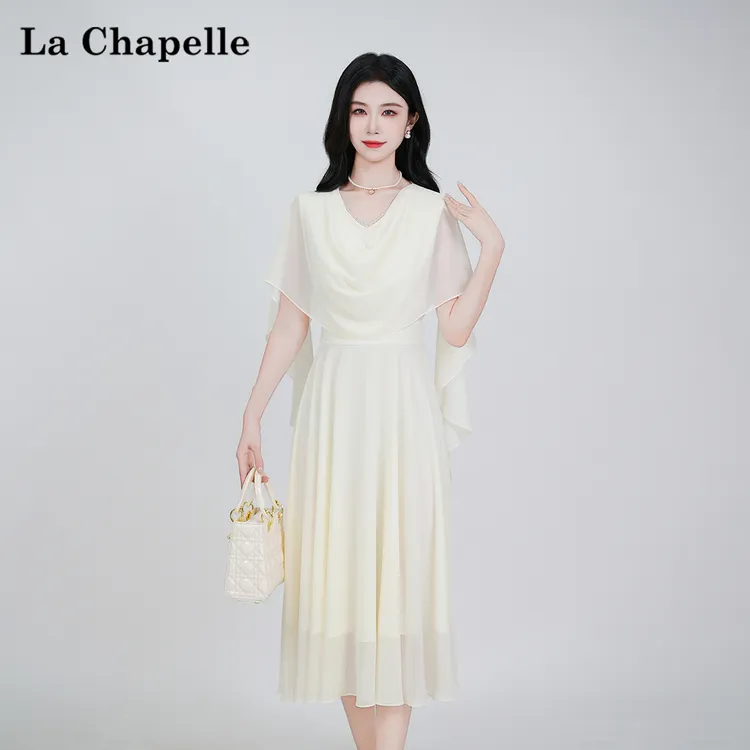 【拉夏贝尔】夏季法式设计感显瘦松紧腰短袖连衣裙