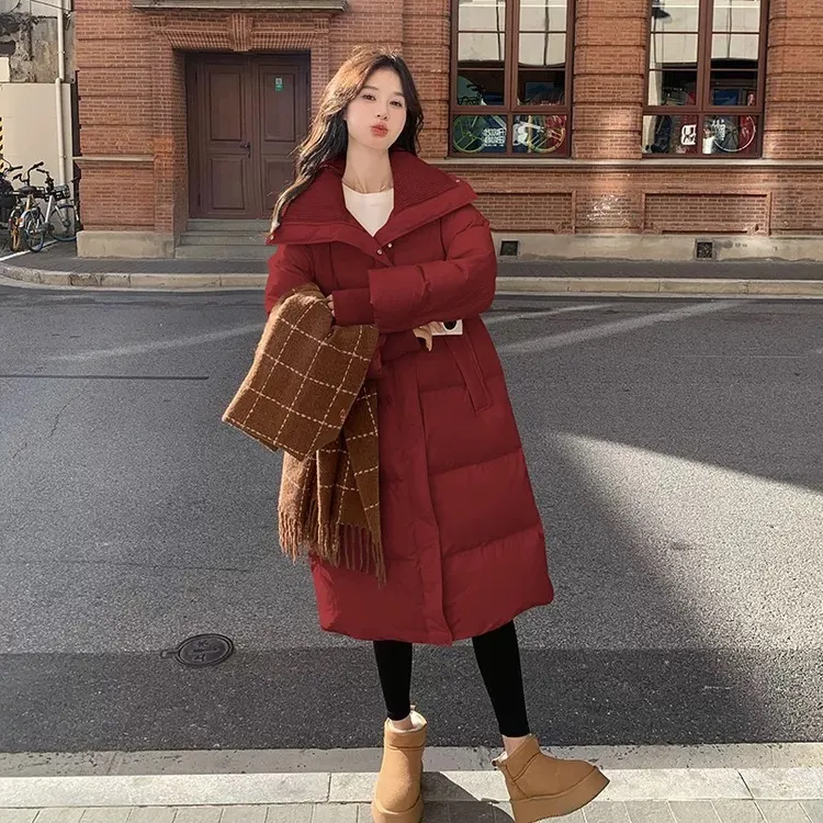 米白色大翻领羽绒派克服女冬新款韩系收腰中长款保暖90白鸭绒外套