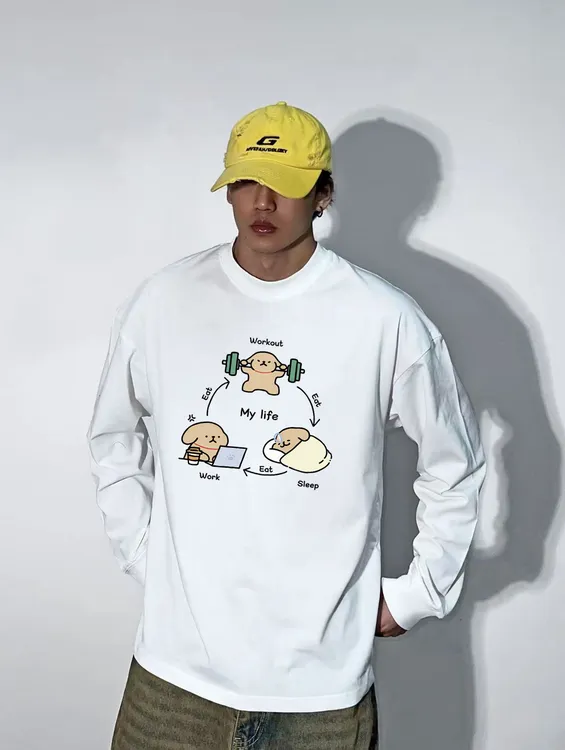 男长袖打底衫重磅纯棉卡通印花个性痞帅设计感休闲健身潮流百搭男