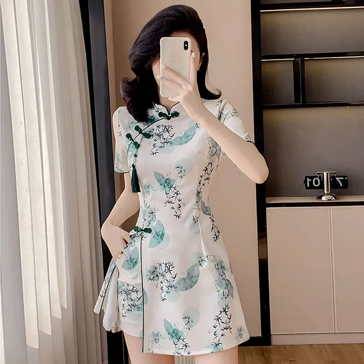新中式国风复古优雅气质减龄改良旗袍印花流苏短袖连衣裙两件套装