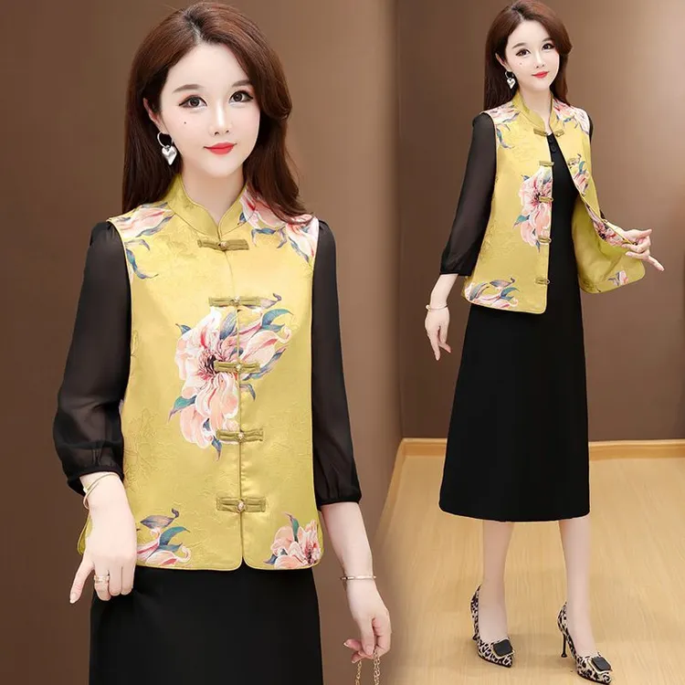 时尚气质中式国风印花马甲外套女2025年春季修身显瘦减龄百搭上衣