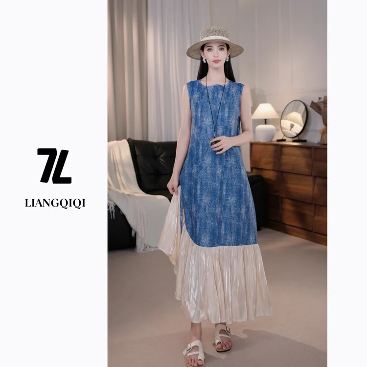 2025夏季新款法式拼接无袖吸汗透气显瘦女装国潮新风连衣裙长裙女